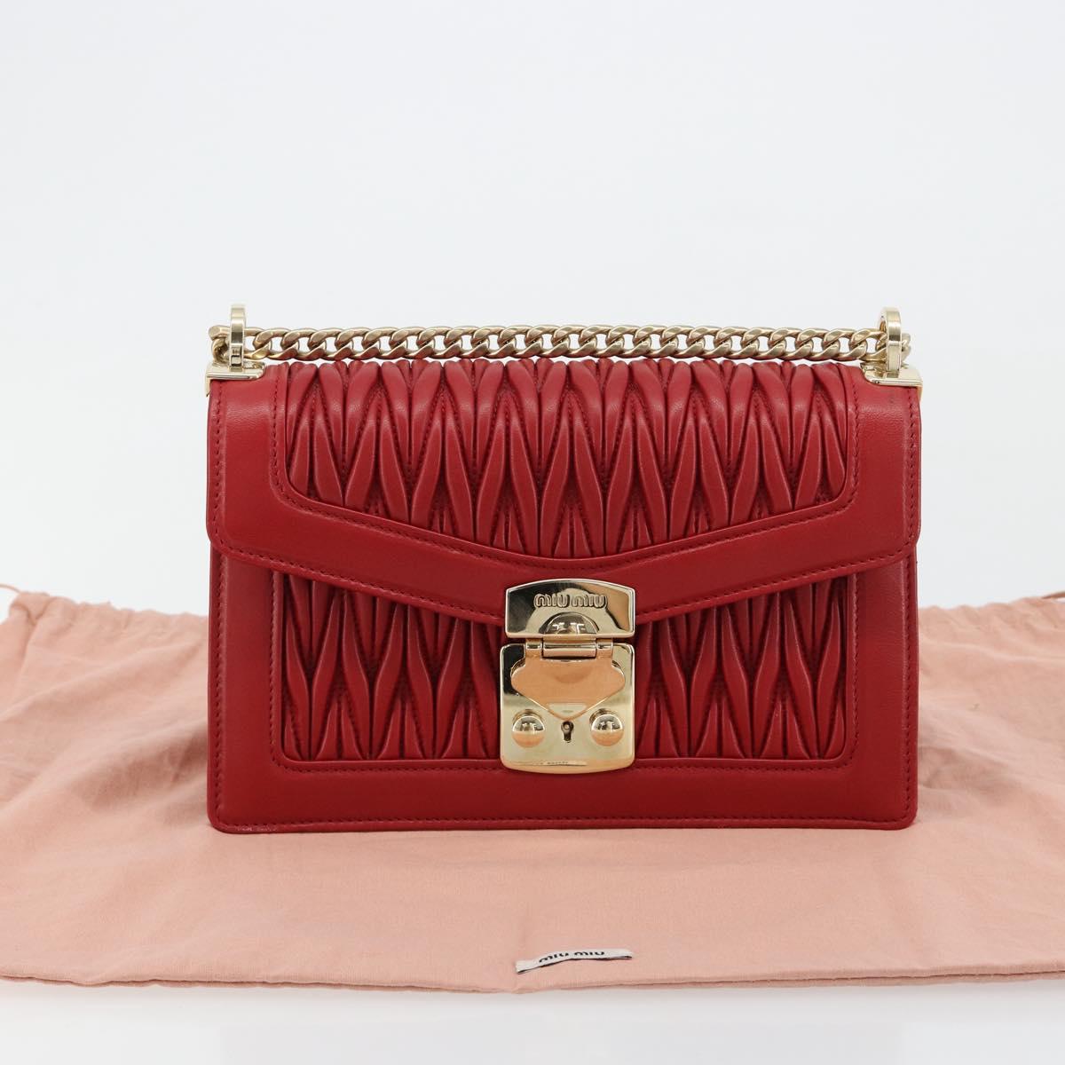 Miu Miu Matelasse Chain Shoulder Bag Leather Red Gold Auth 182586V