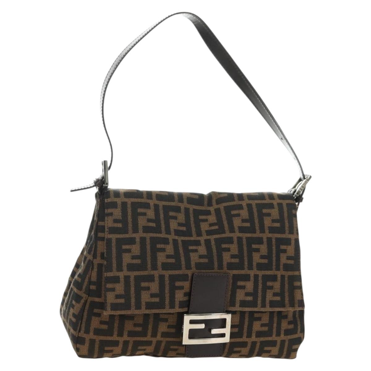 FENDI Zucca Canvas Mamma Baguette Shoulder Bag Black Brown Auth 182589V