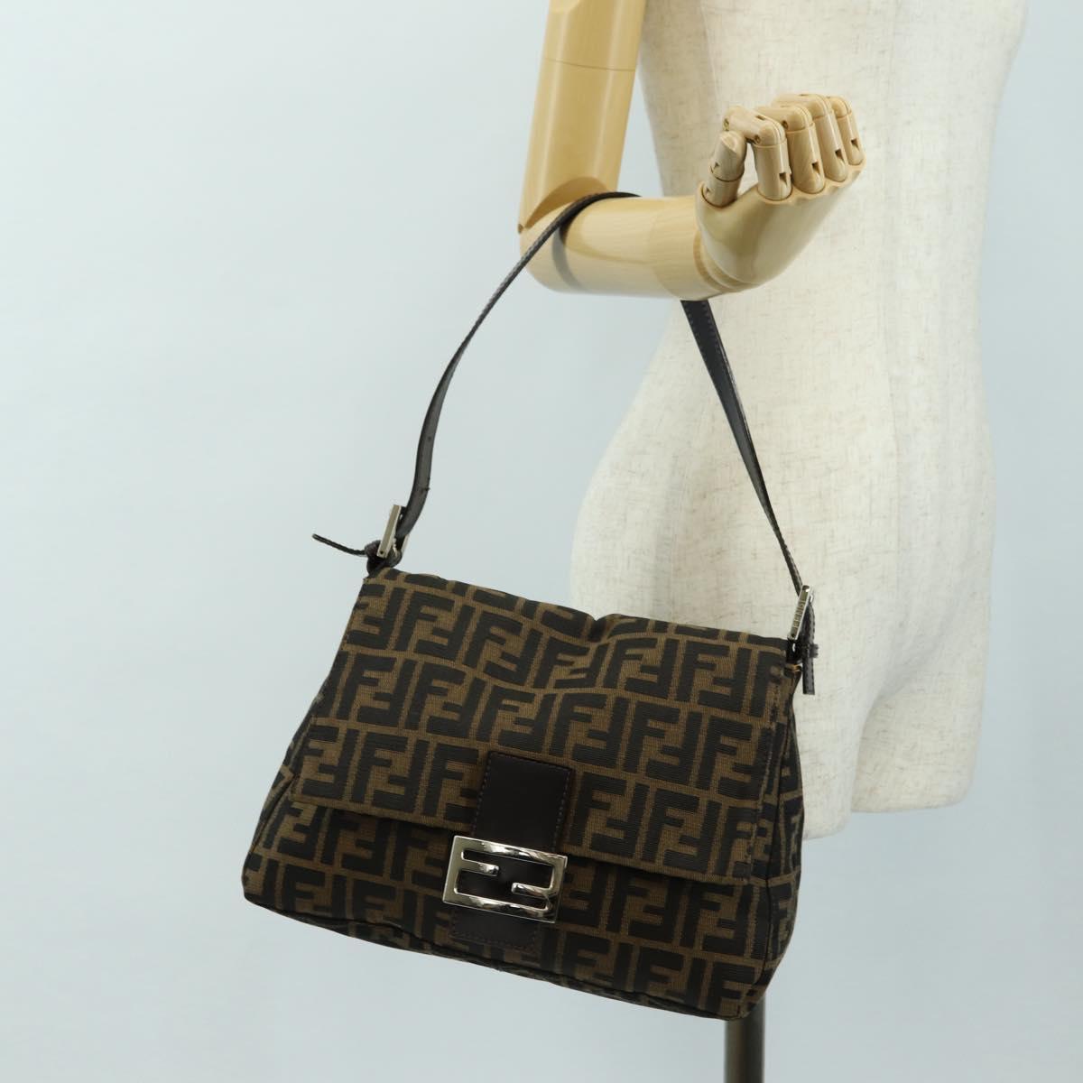 FENDI Zucca Canvas Mamma Baguette Shoulder Bag Black Brown Auth 182589V