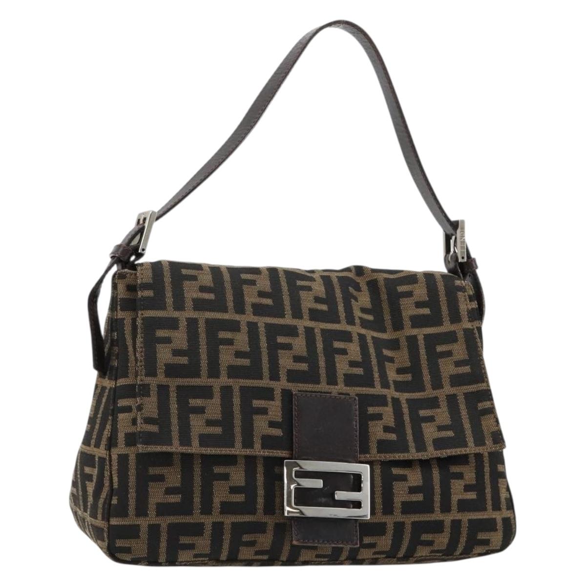 FENDI Zucca Canvas Mamma Baguette Shoulder Bag Black Brown Auth 182590M