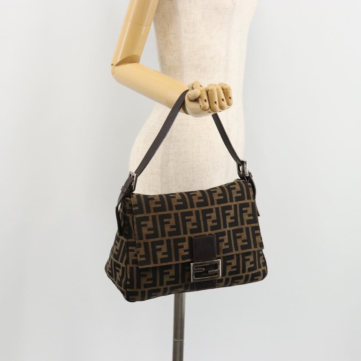FENDI Zucca Canvas Mamma Baguette Shoulder Bag Black Brown Auth 182590M