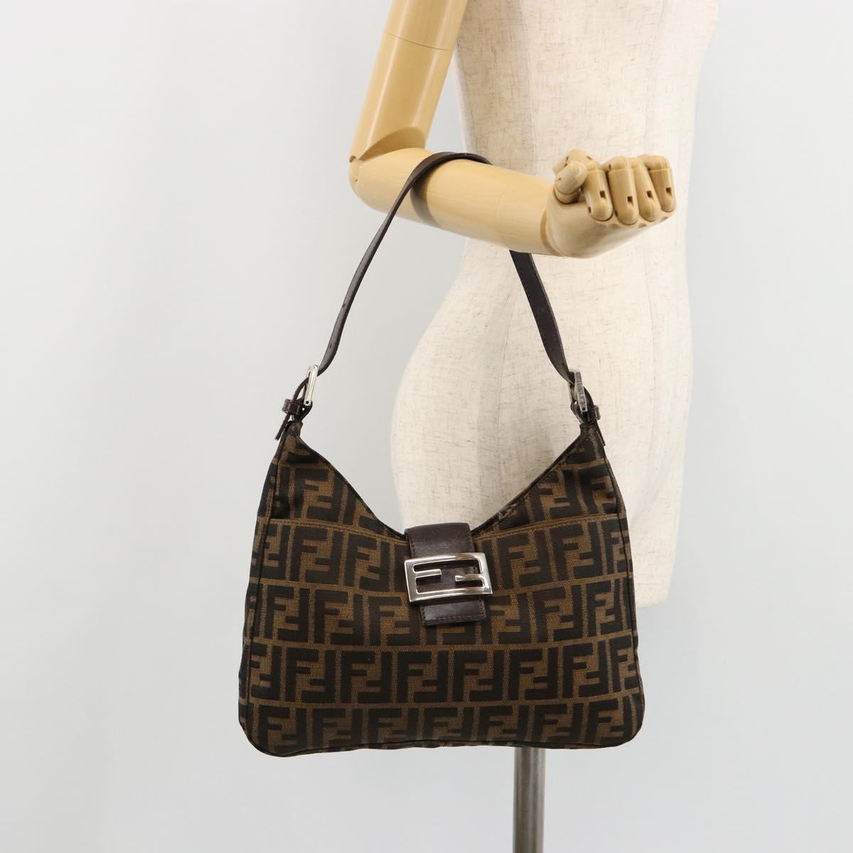 FENDI Zucca Canvas Mamma Baguette Shoulder Bag Black Brown Auth 182592M