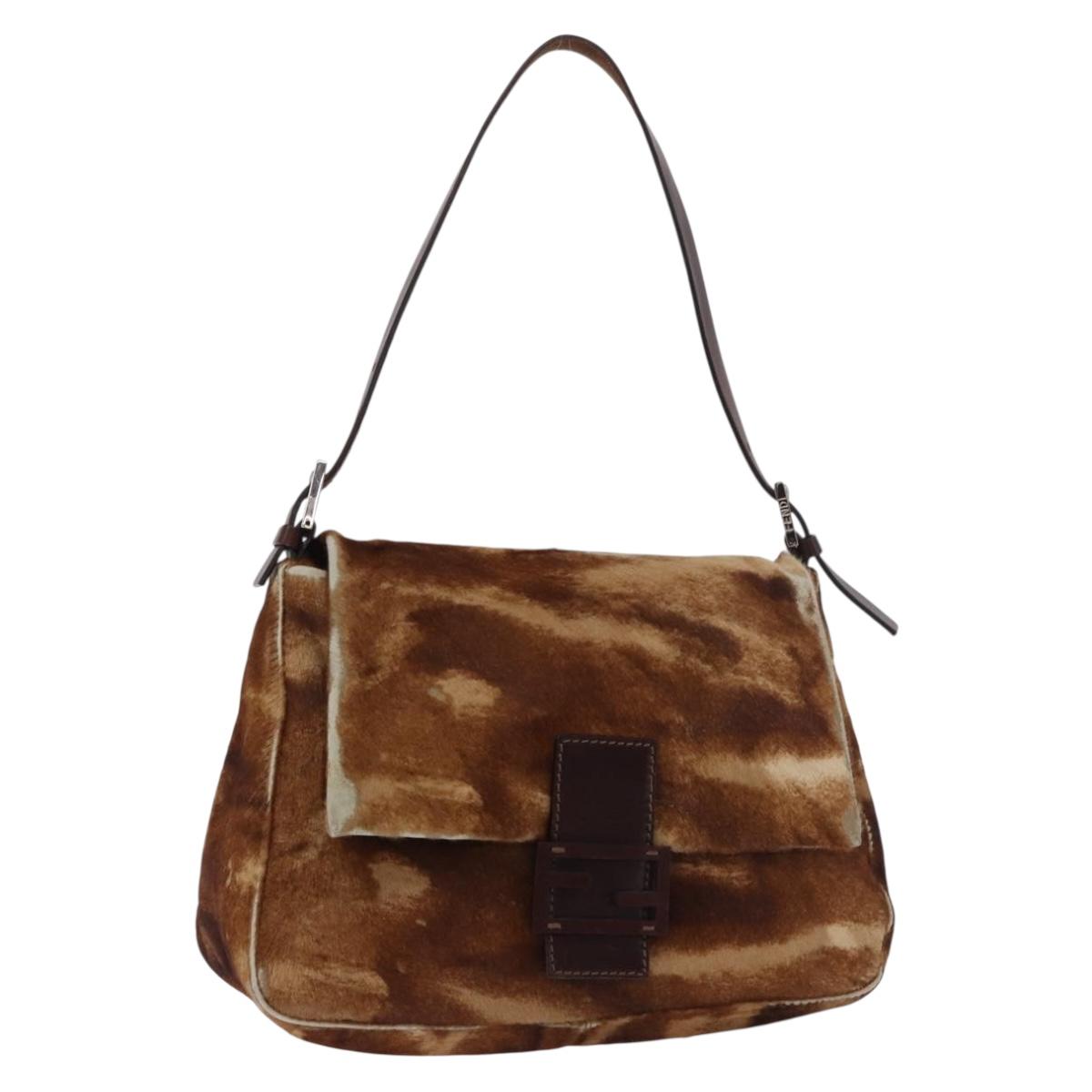 FENDI Mamma Baguette Shoulder Bag Harako leather Beige Silver Auth 182607A