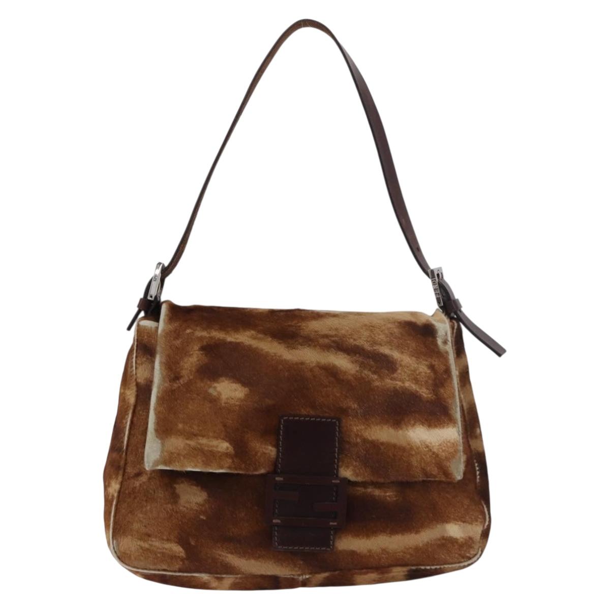 FENDI Mamma Baguette Shoulder Bag Harako leather Beige Silver Auth 182607A