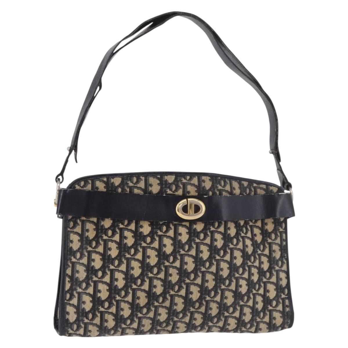 Christian Dior Trotter Canvas Shoulder Bag Navy Gold Auth 182609
