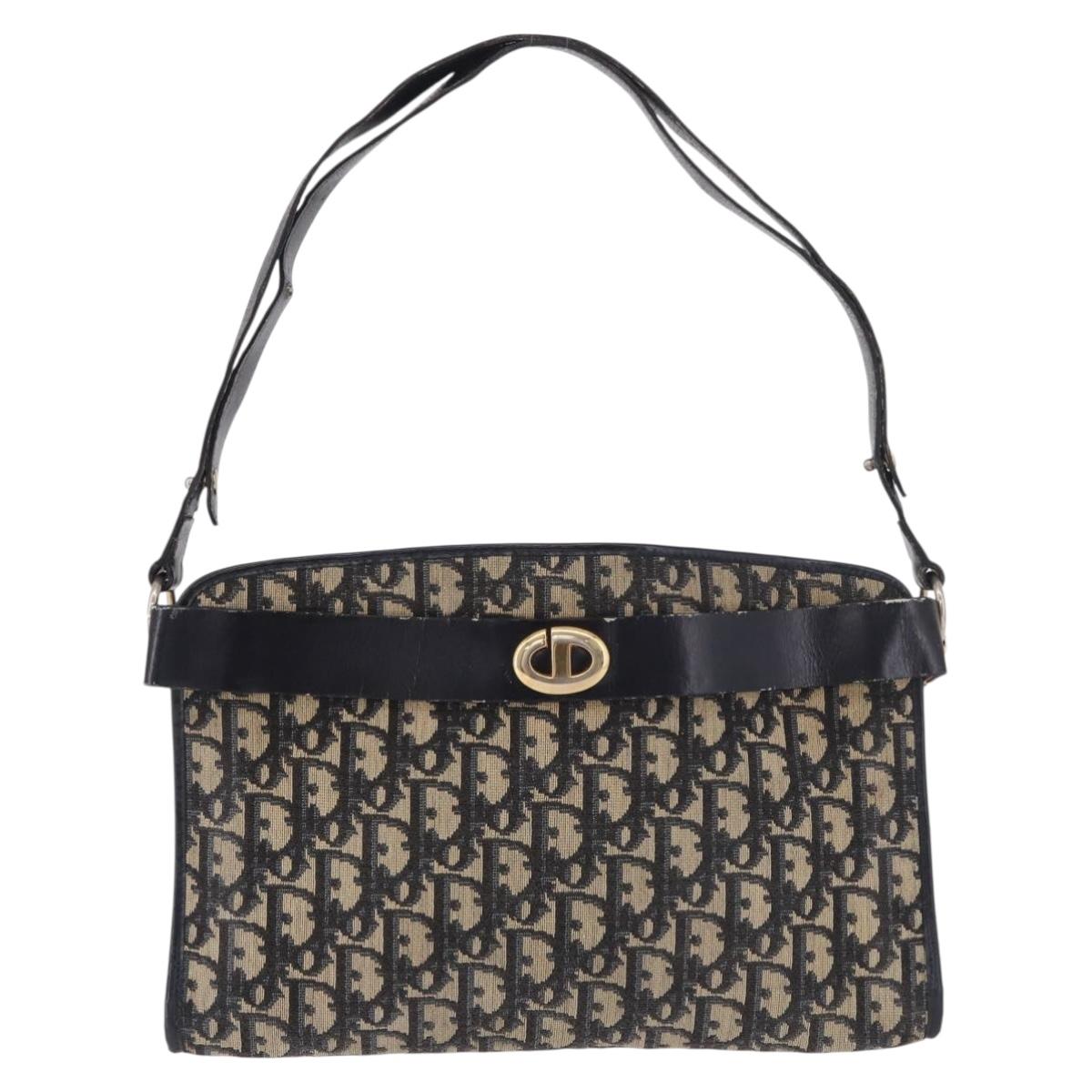 Christian Dior Trotter Canvas Shoulder Bag Navy Gold Auth 182609