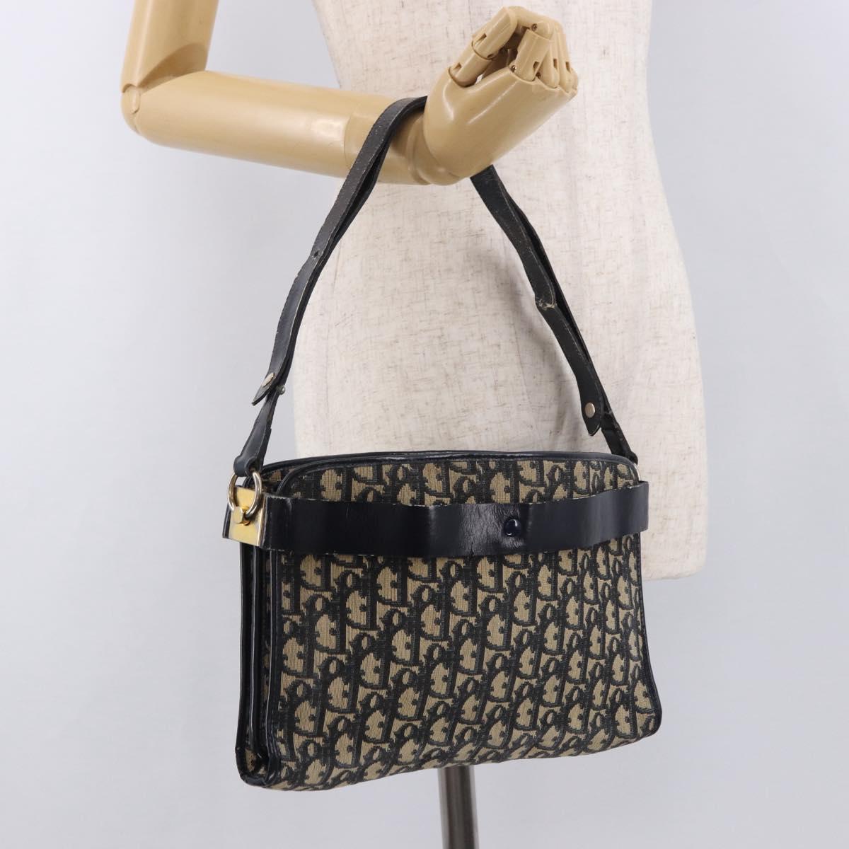 Christian Dior Trotter Canvas Shoulder Bag Navy Gold Auth 182609