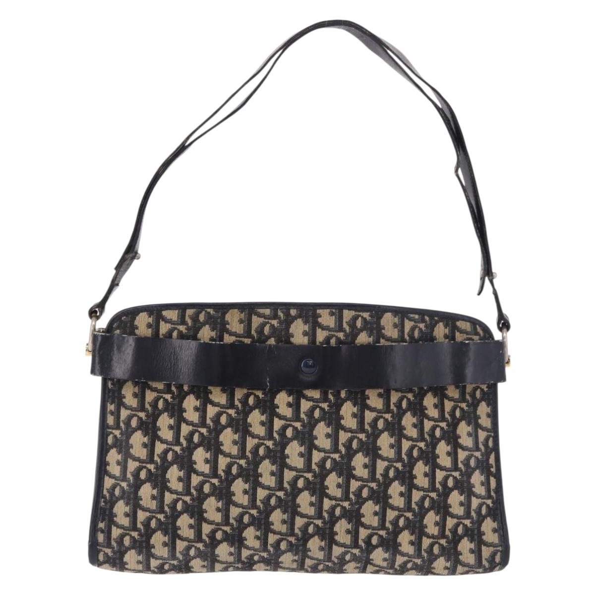 Christian Dior Trotter Canvas Shoulder Bag Navy Gold Auth 182609