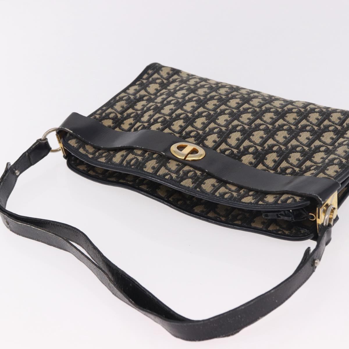 Christian Dior Trotter Canvas Shoulder Bag Navy Gold Auth 182609