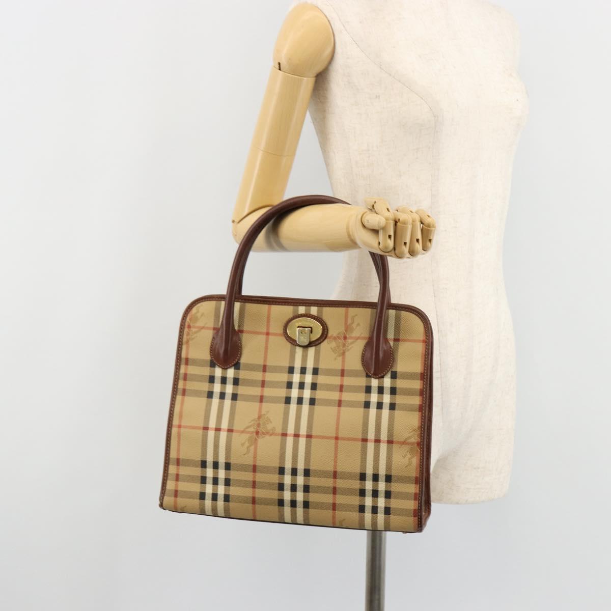 Burberrys Nova Check Hand Bag PVC Beige Gold Auth 182610A