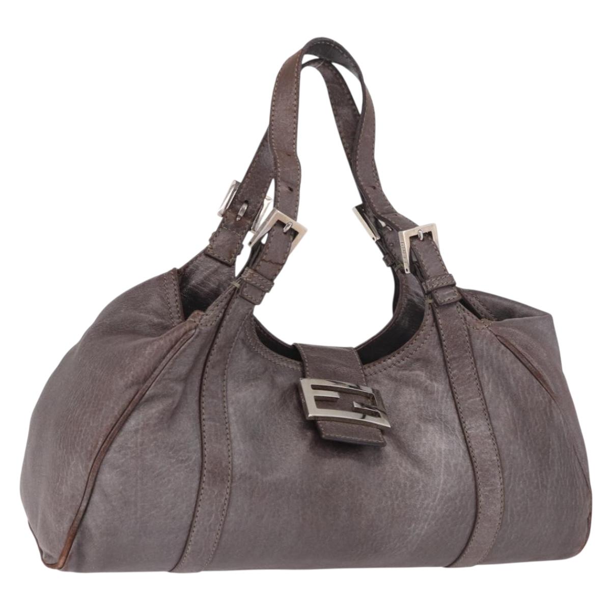 FENDI Mamma Baguette Hand Bag Leather Brown Silver Auth 182613A