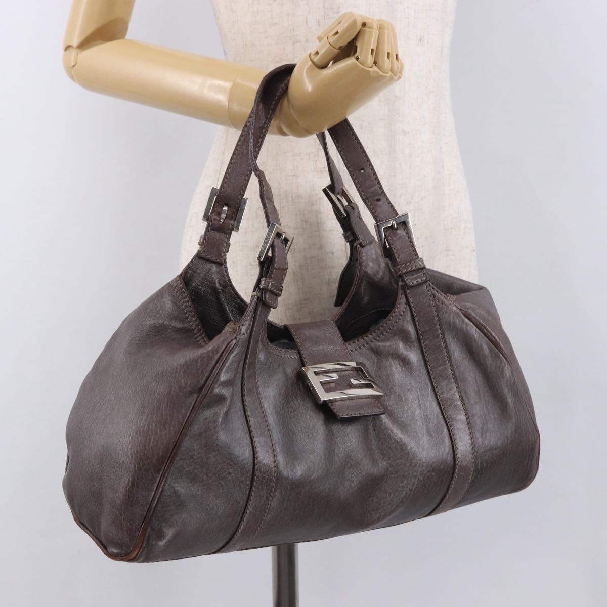 FENDI Mamma Baguette Hand Bag Leather Brown Silver Auth 182613A