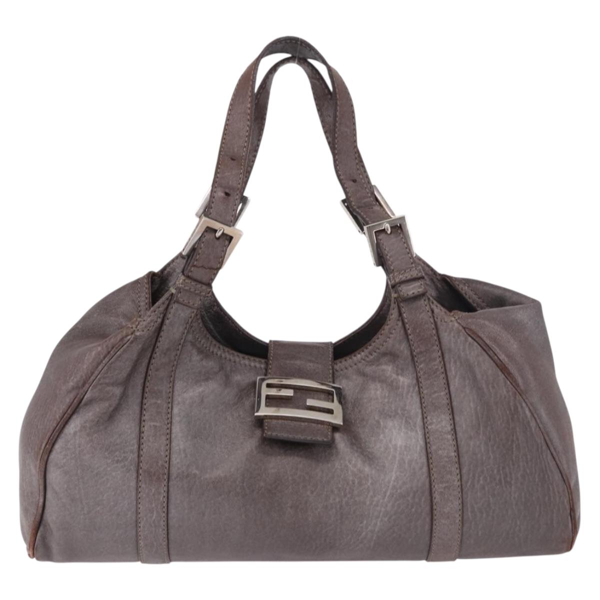 FENDI Mamma Baguette Hand Bag Leather Brown Silver Auth 182613A
