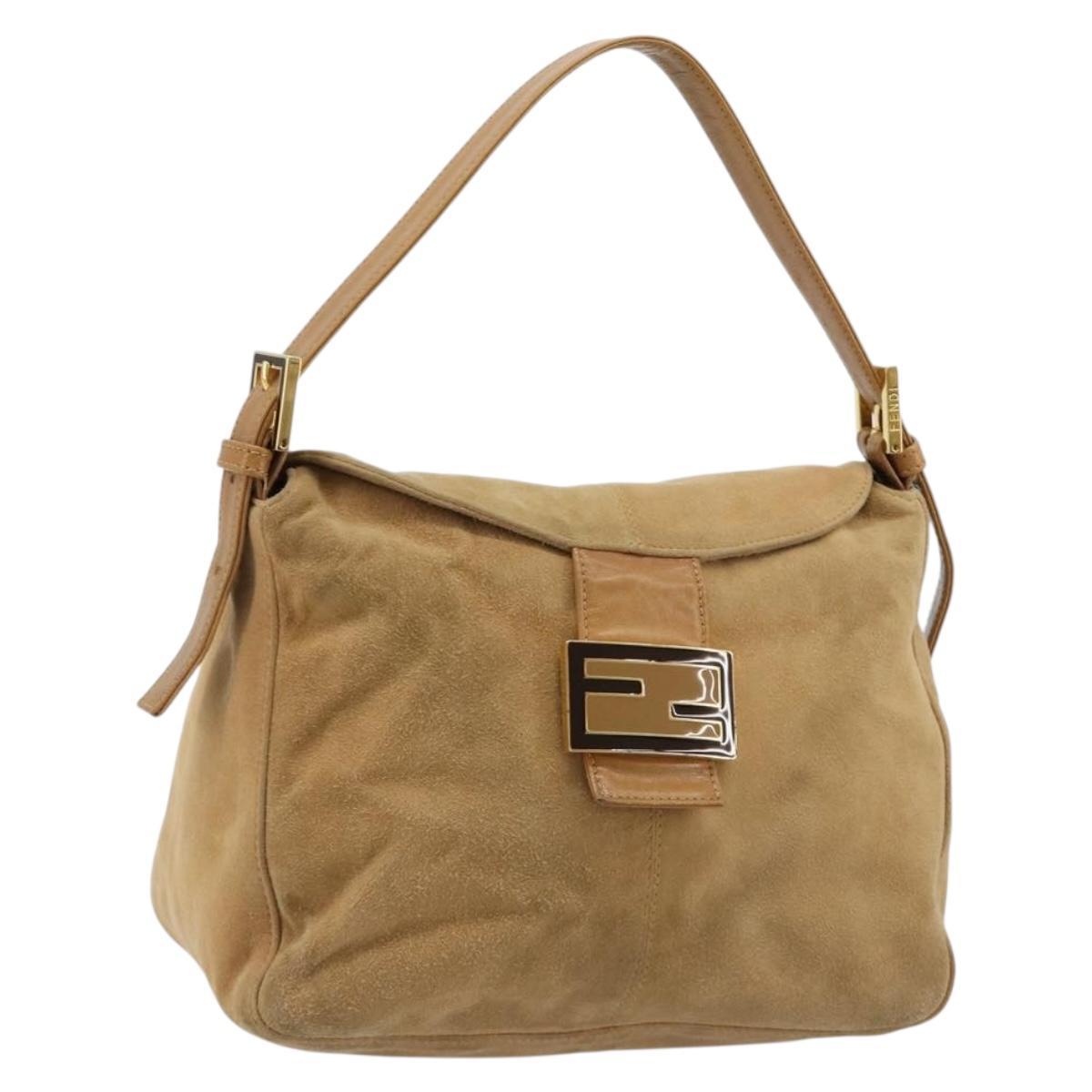 FENDI Mamma Baguette Shoulder Bag Suede Beige Gold Auth 182637SAM