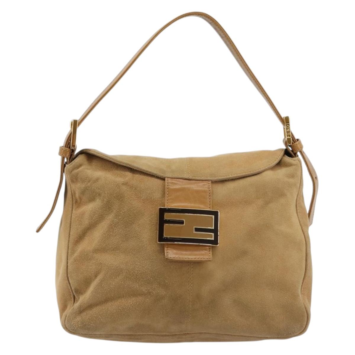 FENDI Mamma Baguette Shoulder Bag Suede Beige Gold Auth 182637SAM