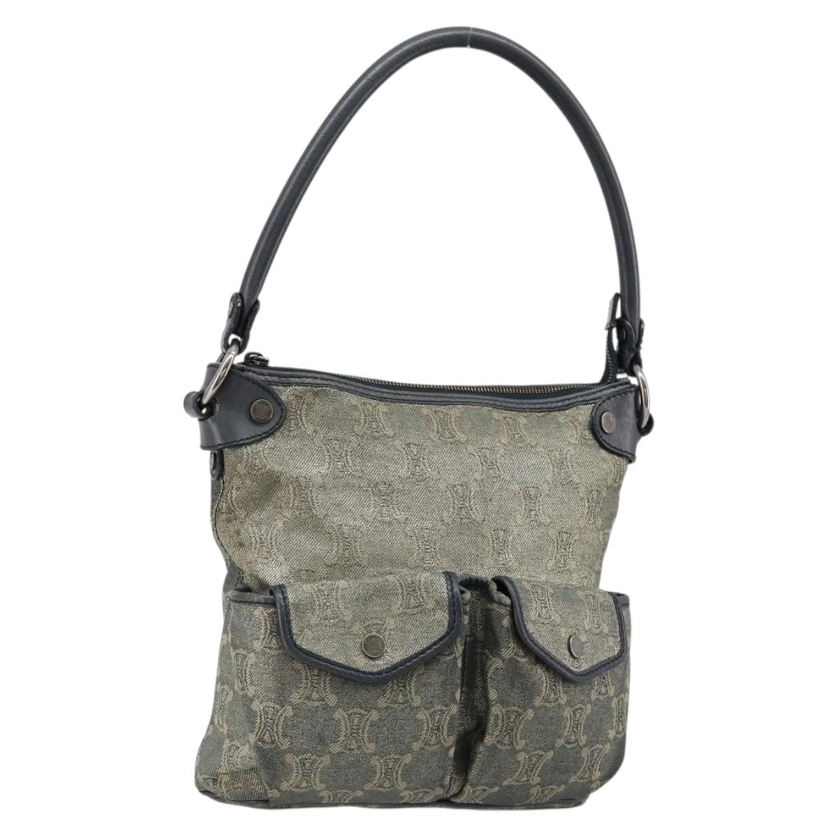 CELINE Paris Macadam Canvas Shoulder Bag Denim Gray Silver Auth 182647A