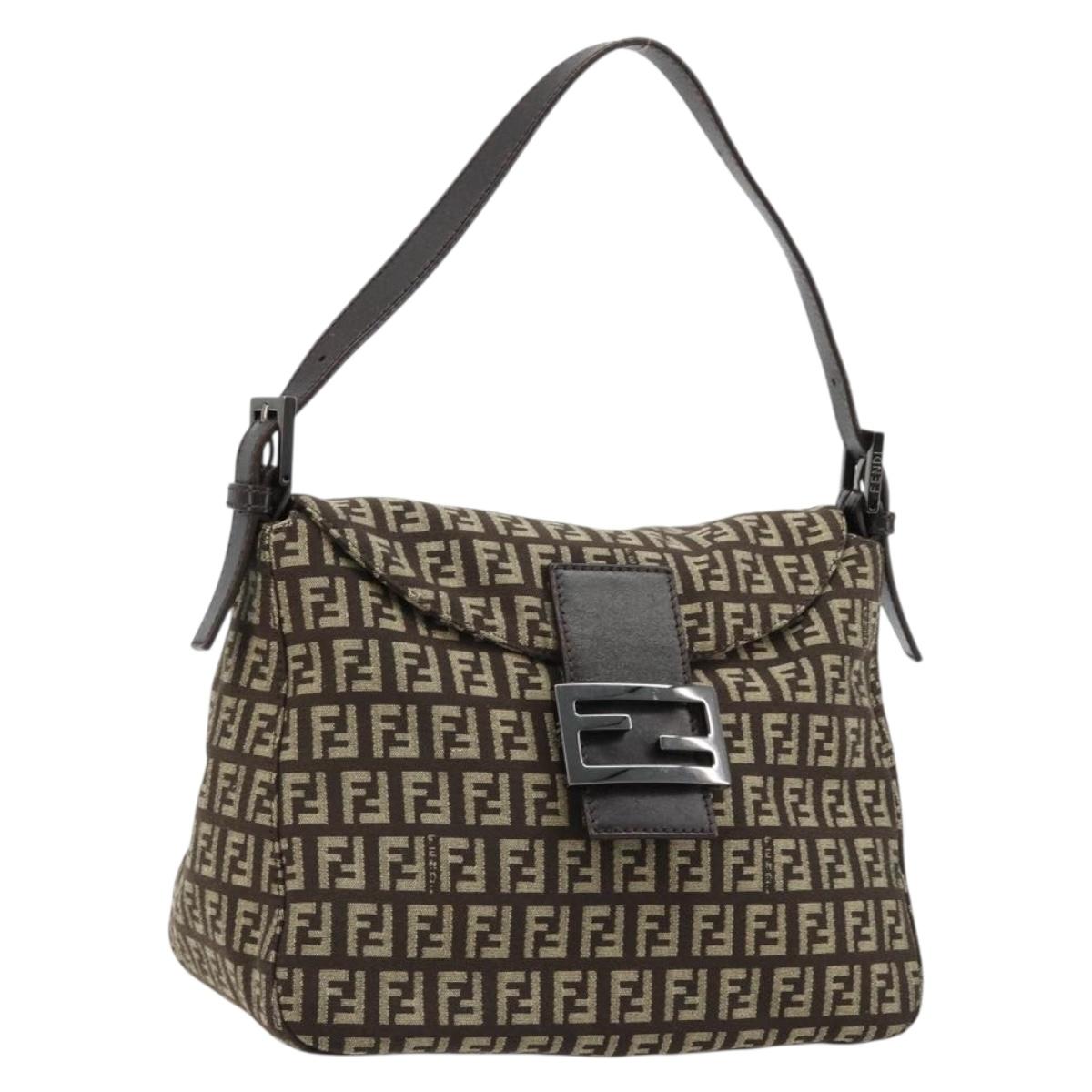 FENDI Zucchino Canvas Mamma Baguette Shoulder Bag Silver Brown Auth 182652SAM