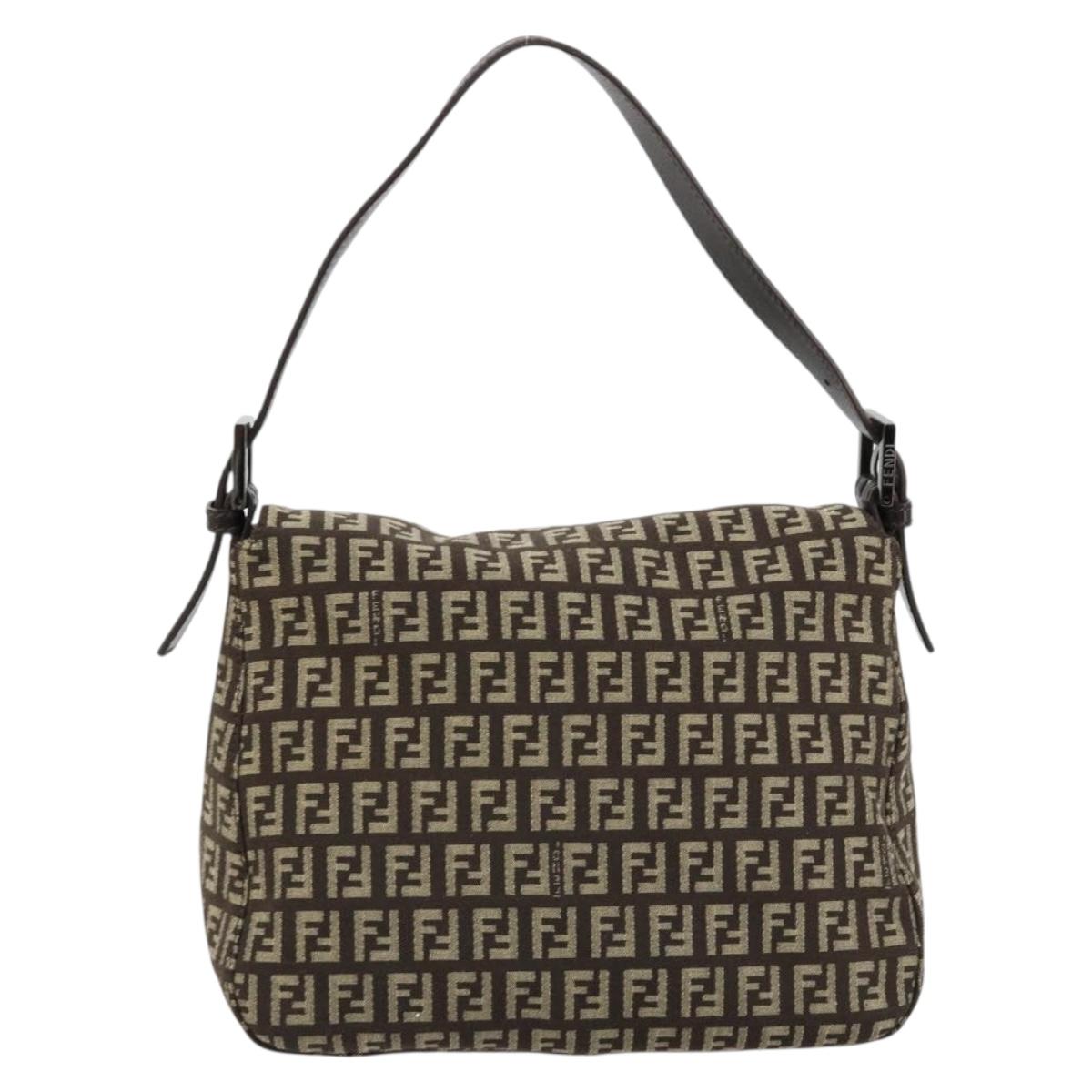 FENDI Zucchino Canvas Mamma Baguette Shoulder Bag Silver Brown Auth 182652SAM