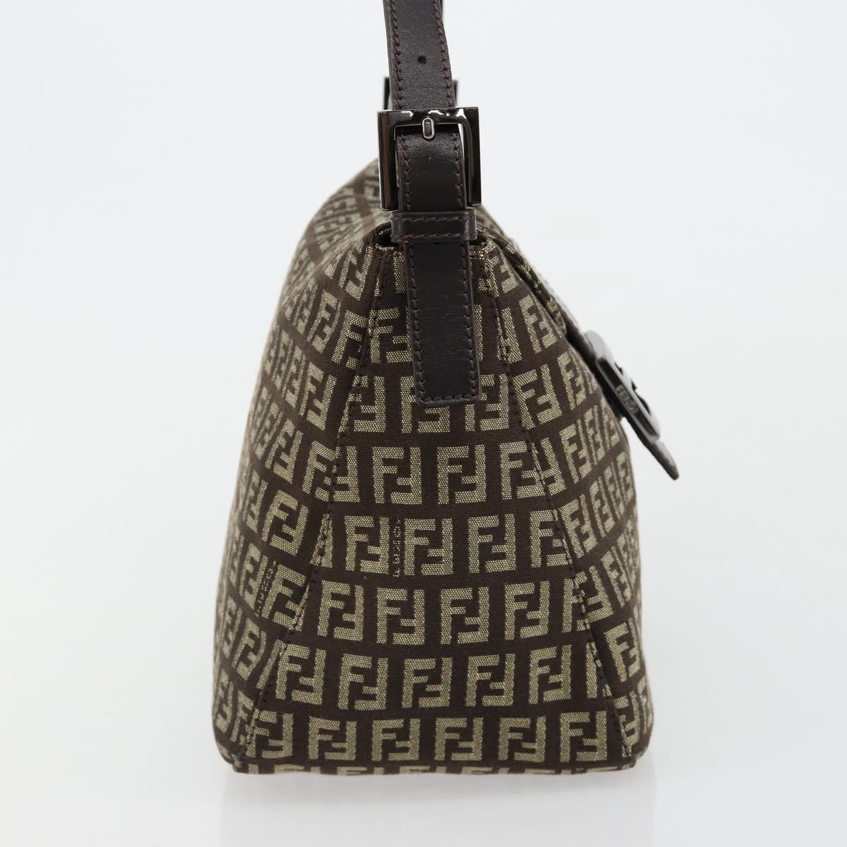FENDI Zucchino Canvas Mamma Baguette Shoulder Bag Silver Brown Auth 182652SAM