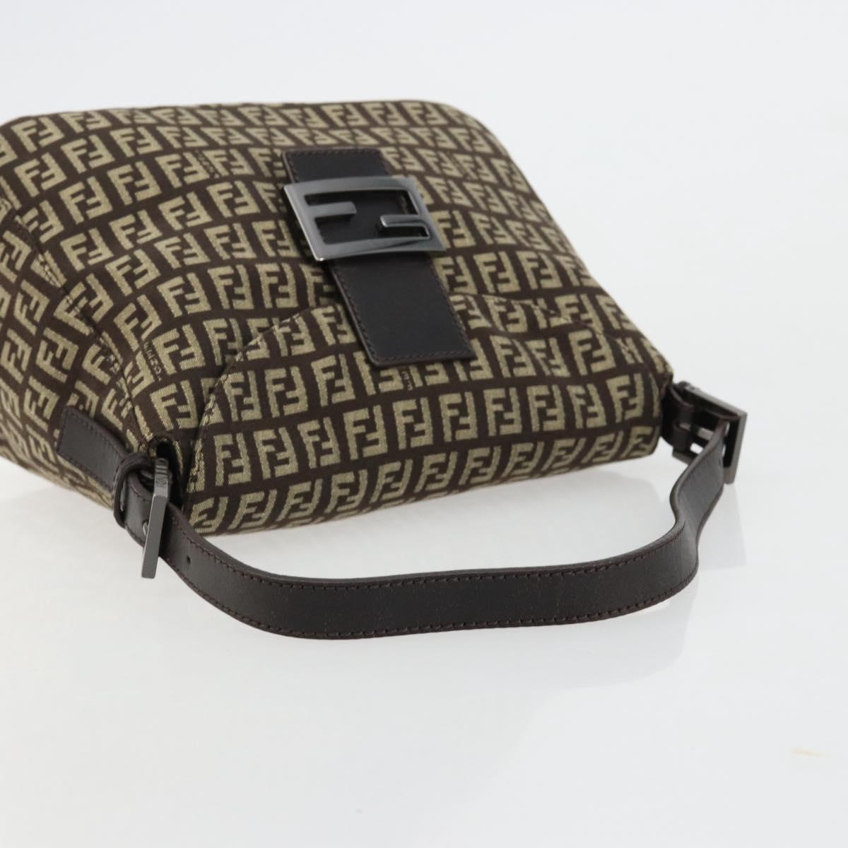 FENDI Zucchino Canvas Mamma Baguette Shoulder Bag Silver Brown Auth 182652SAM