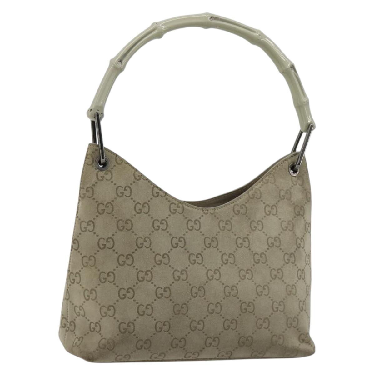 GUCCI GG Canvas Bamboo Shoulder Bag Suede Gray Silver 001 2058 3008 Auth 182655