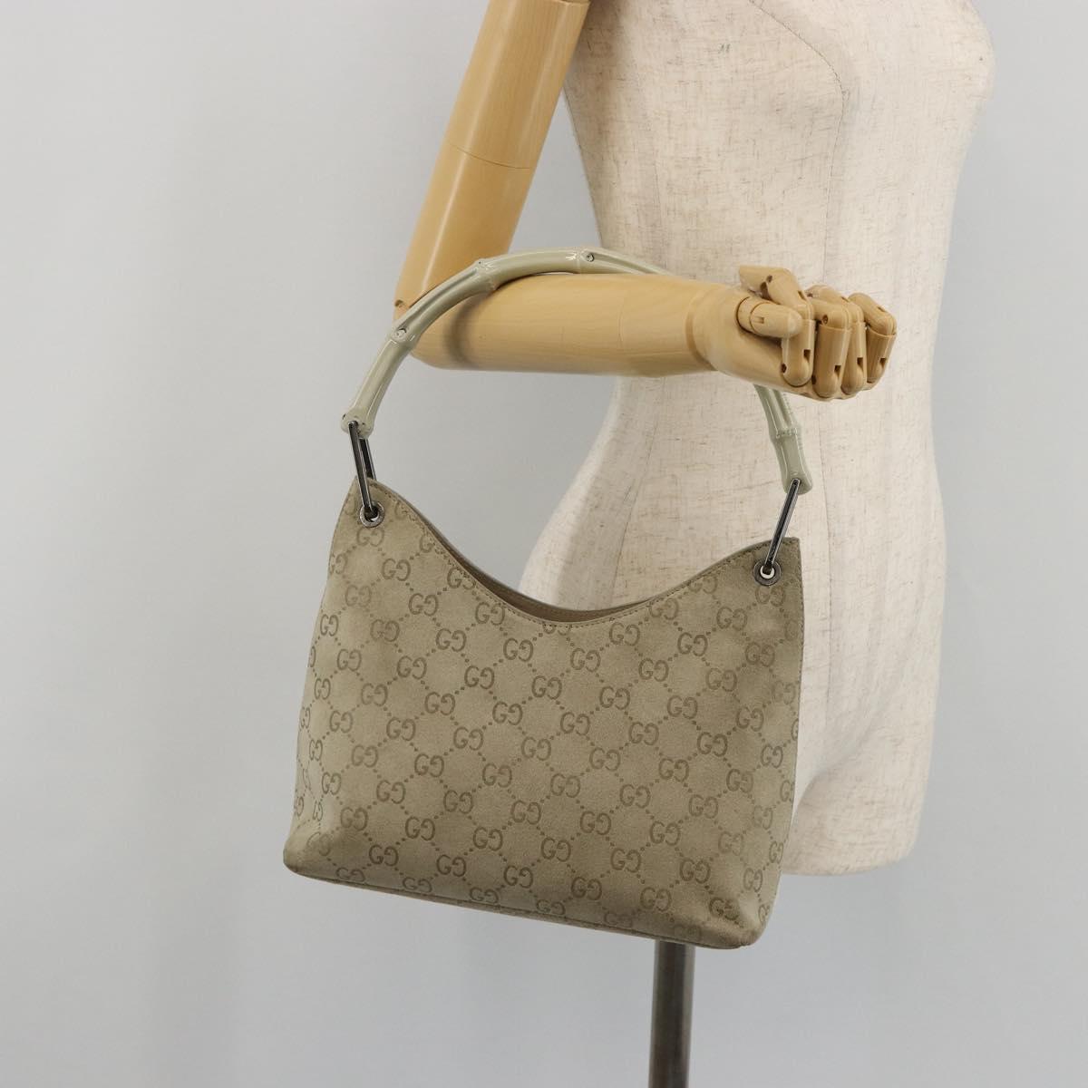 GUCCI GG Canvas Bamboo Shoulder Bag Suede Gray Silver 001 2058 3008 Auth 182655
