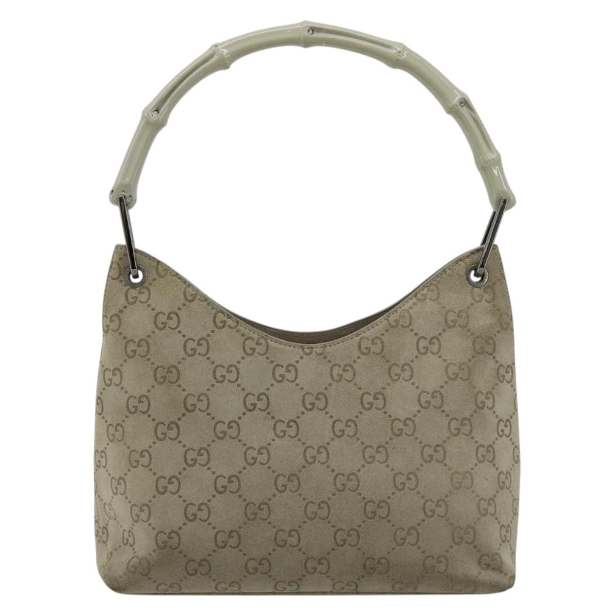 GUCCI GG Canvas Bamboo Shoulder Bag Suede Gray Silver 001 2058 3008 Auth 182655