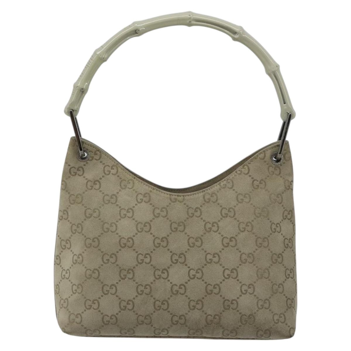 GUCCI GG Canvas Bamboo Shoulder Bag Suede Gray Silver 001 2058 3008 Auth 182655