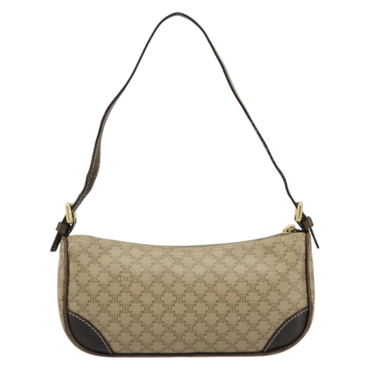 CELINE Macadam Canvas Accessory Pouch PVC Beige Gold Auth 182656