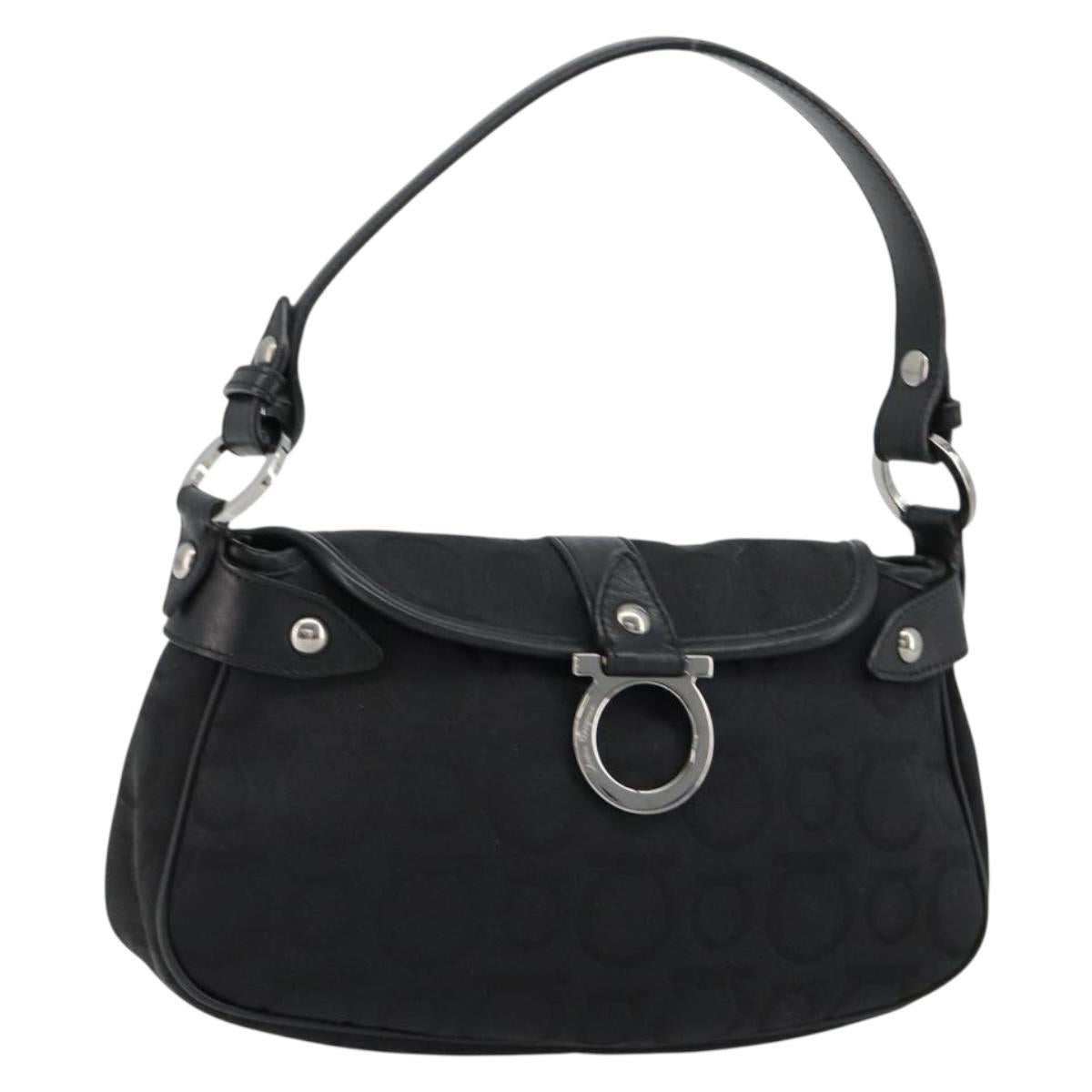 Salvatore Ferragamo Gancini Shoulder Bag Canvas Black Silver Auth 182658A