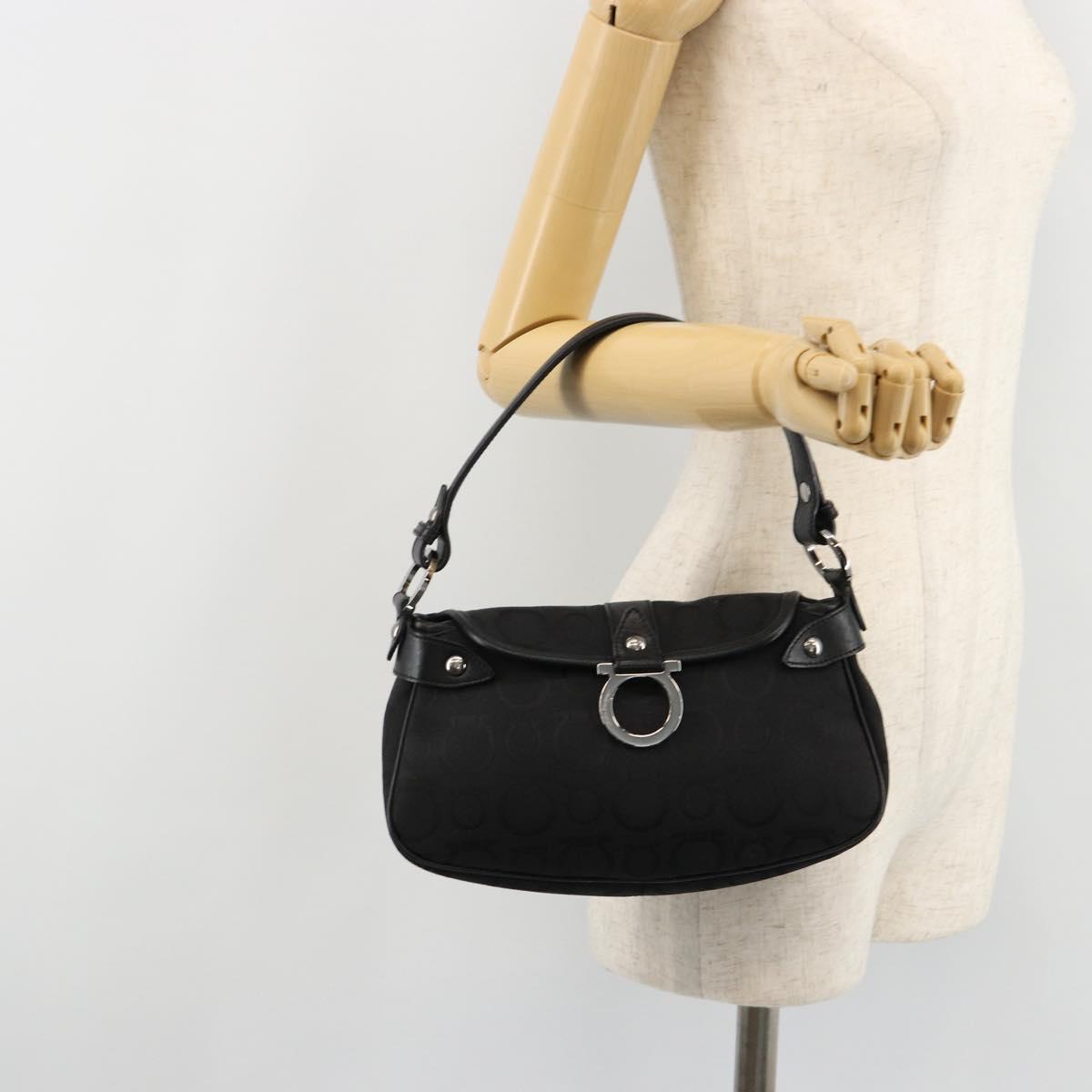 Salvatore Ferragamo Gancini Shoulder Bag Canvas Black Silver Auth 182658A