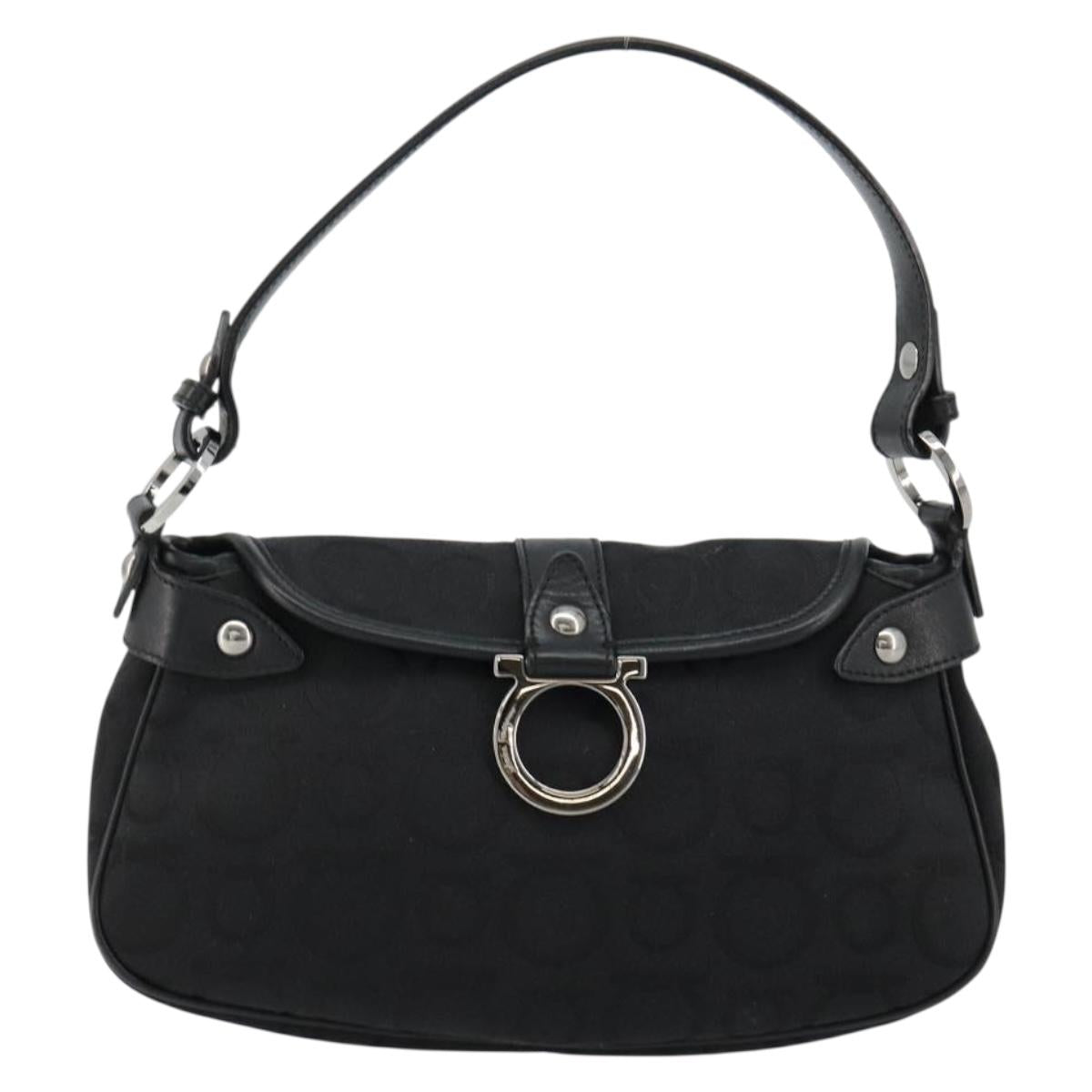 Salvatore Ferragamo Gancini Shoulder Bag Canvas Black Silver Auth 182658A