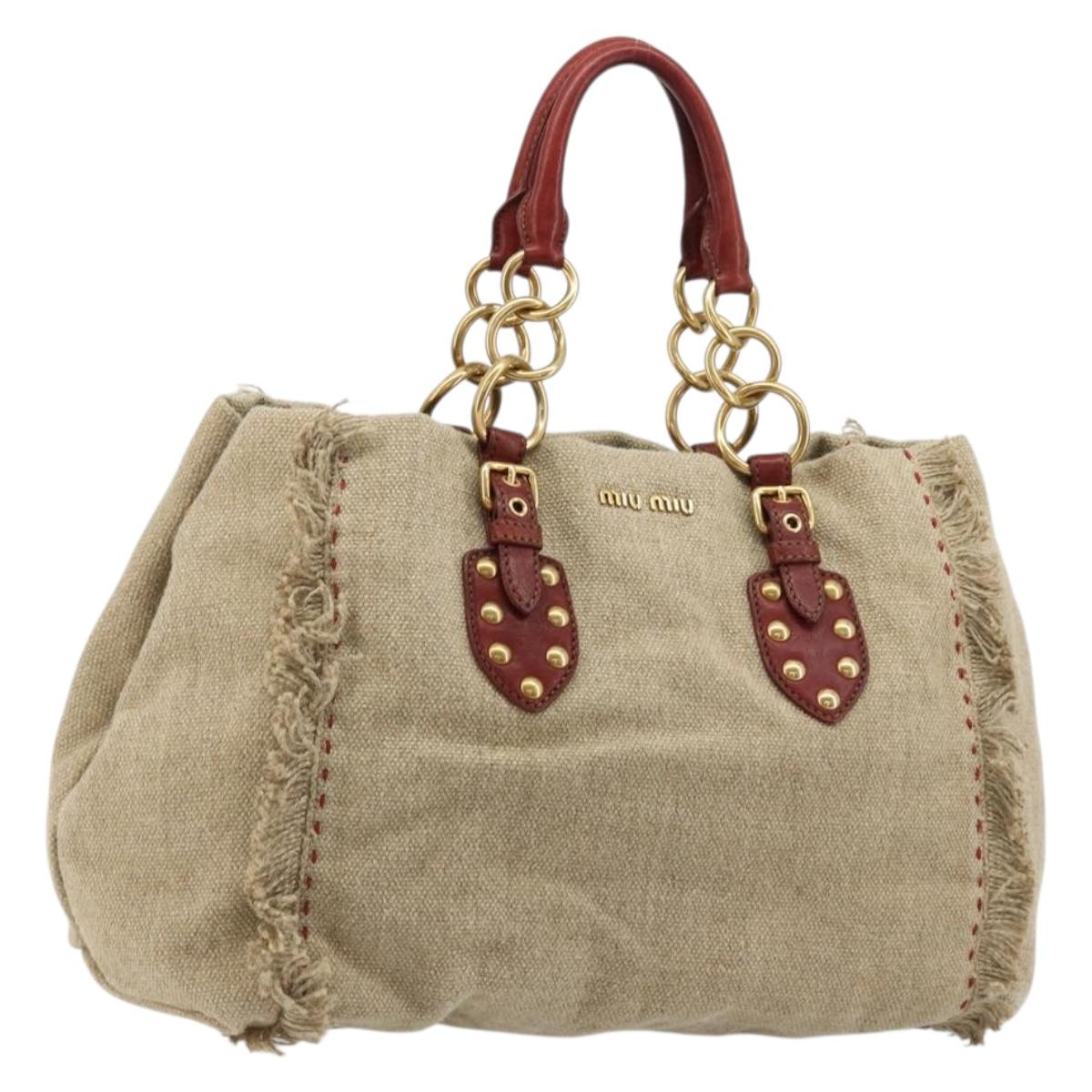 Miu Miu Hand Bag Canvas Beige Gold Auth 182663A