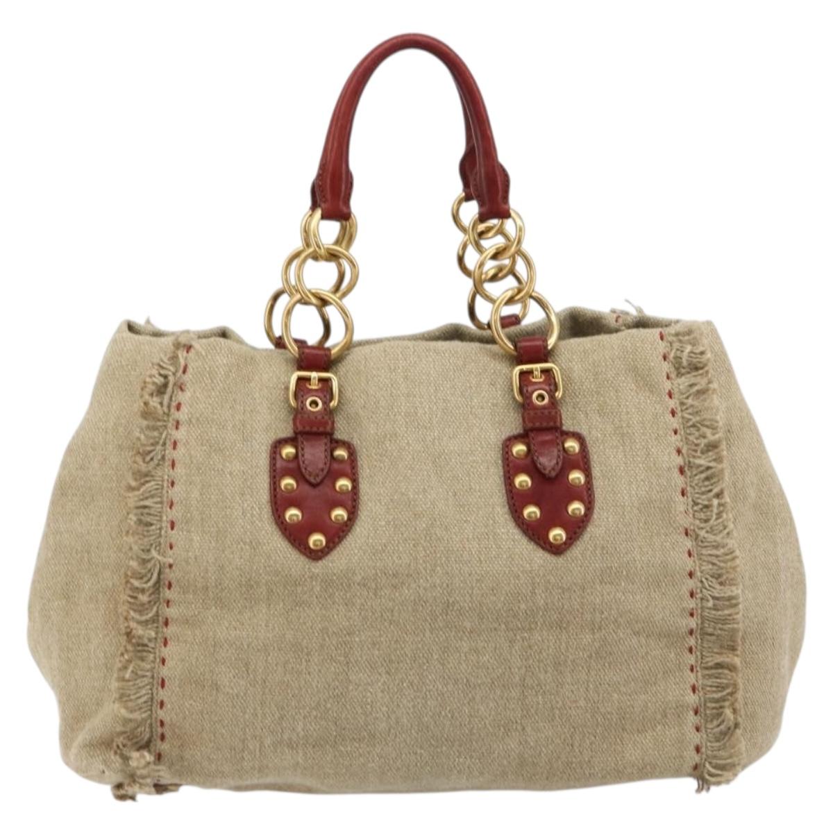 Miu Miu Hand Bag Canvas Beige Gold Auth 182663A