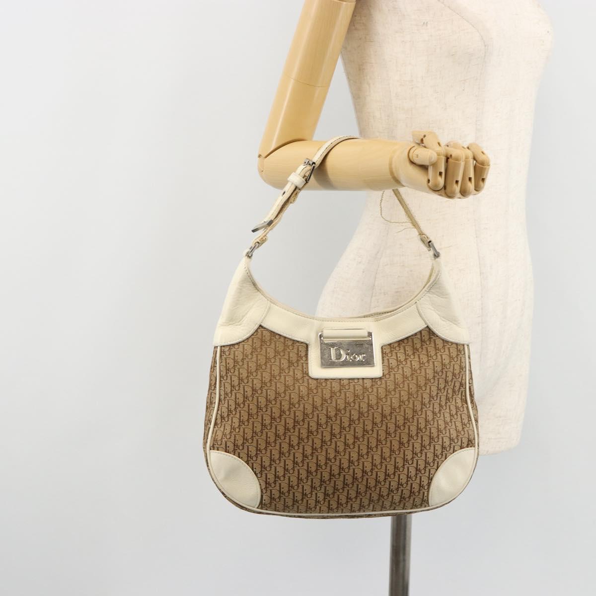 Christian Dior Trotter Canvas Shoulder Bag Beige Silver Auth 182667