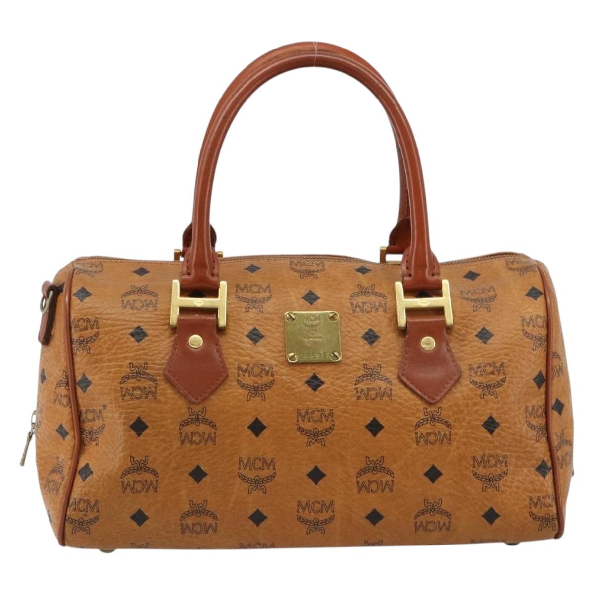 MCM Vicetos Logogram Boston Bag PVC Leather Brown Gold Auth 182670