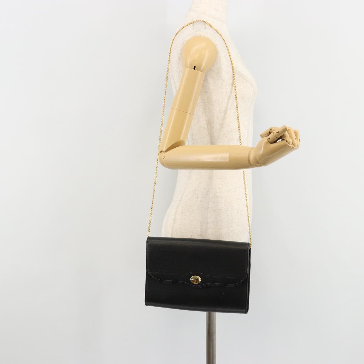 Christian Dior Chain Shoulder Bag Leather Black Gold Auth 183671
