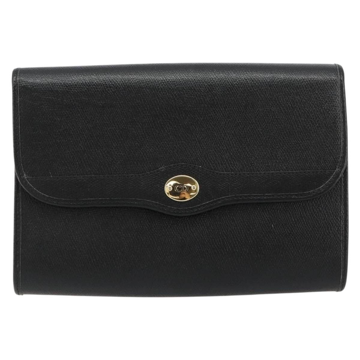Christian Dior Chain Shoulder Bag Leather Black Gold Auth 183671