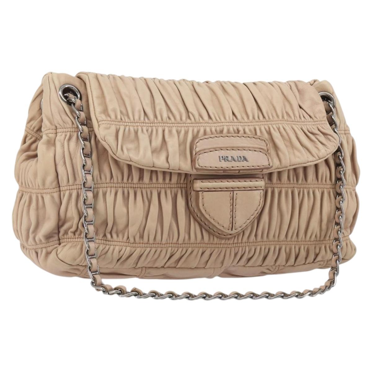 PRADA Gathered Chain Shoulder Bag Leather Pink Silver Auth 182672A
