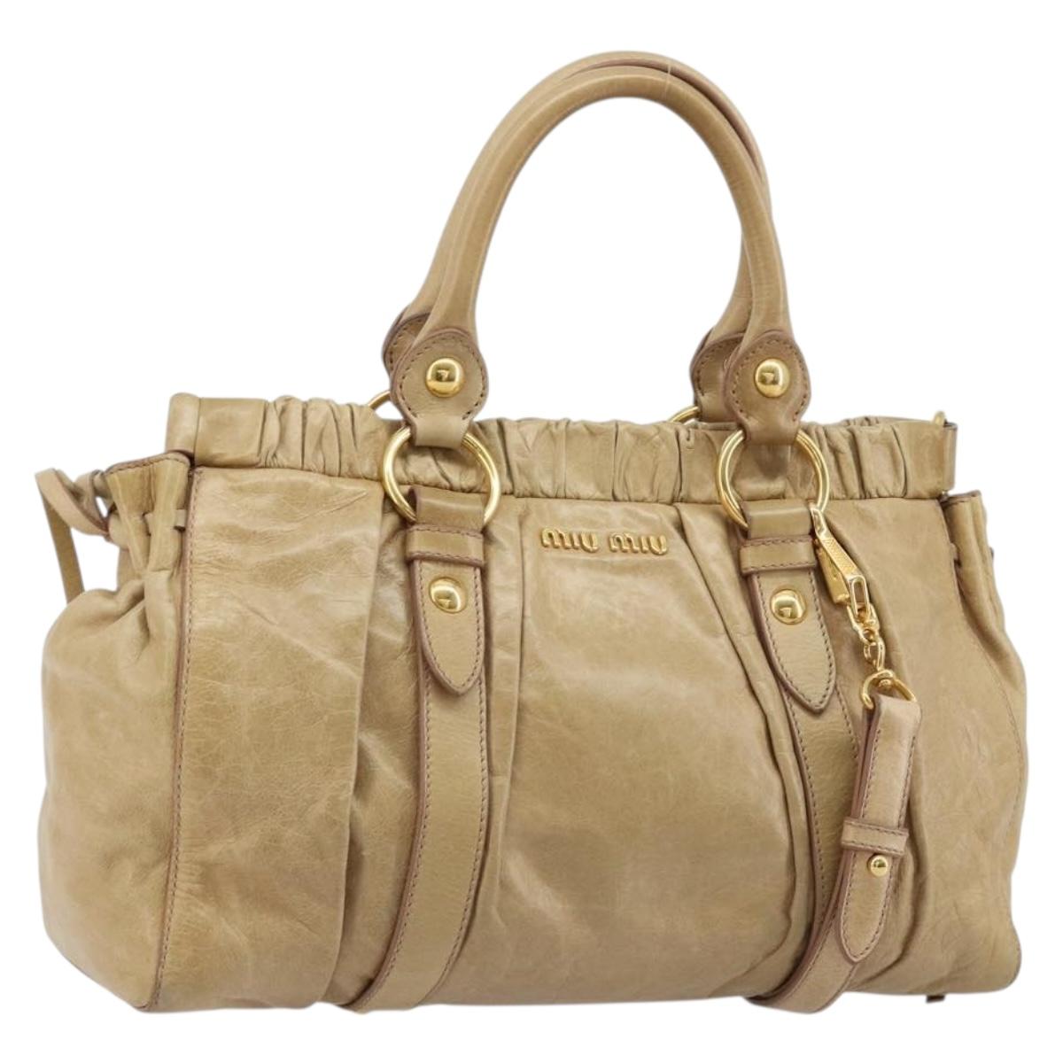 Miu Miu Hand Bag Leather 2way Beige Gold Auth 182679SAM