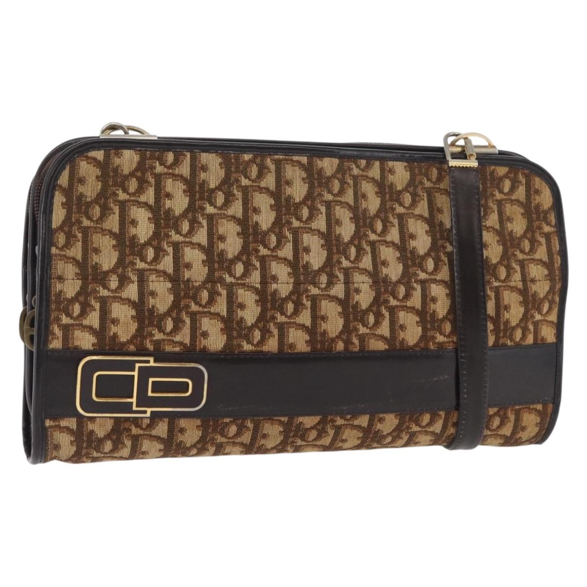 Christian Dior Trotter Canvas Shoulder Bag Beige Gold Auth 182688