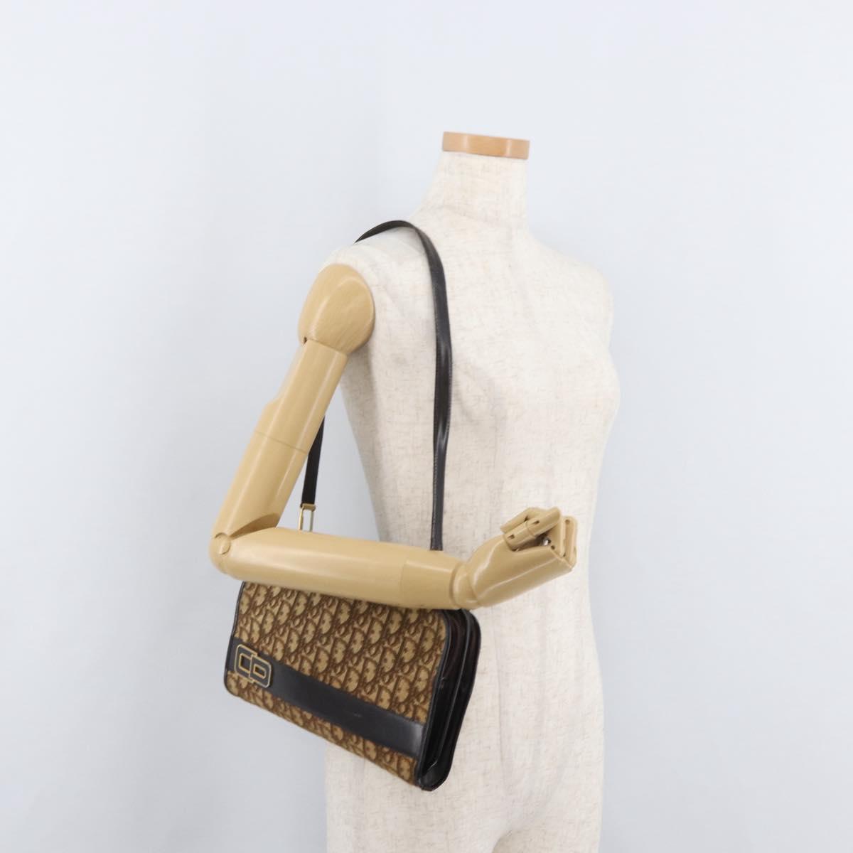 Christian Dior Trotter Canvas Shoulder Bag Beige Gold Auth 182688