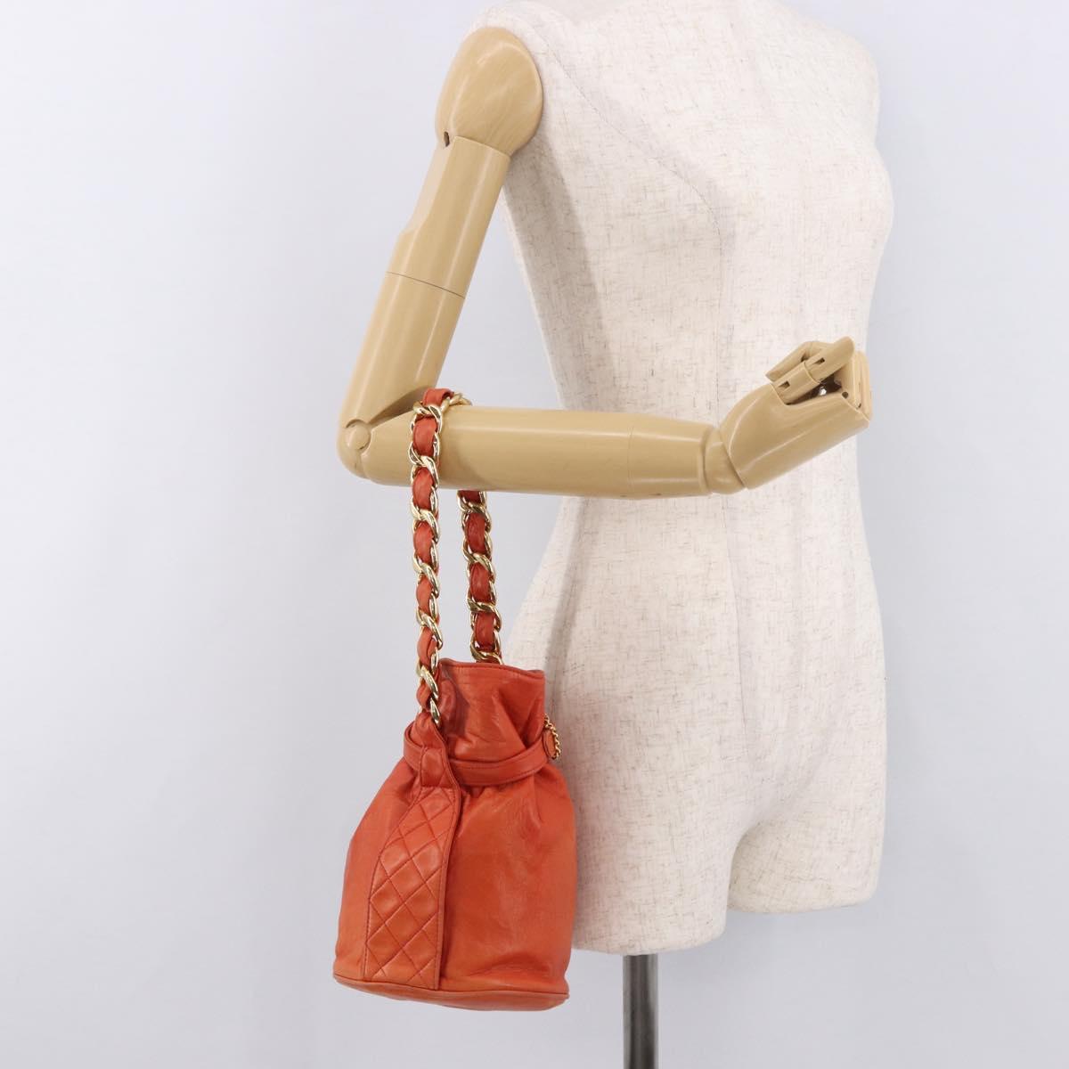 CHANEL Matelasse Chain Hand Bag Lamb Skin Orange Gold CC Auth 182691A
