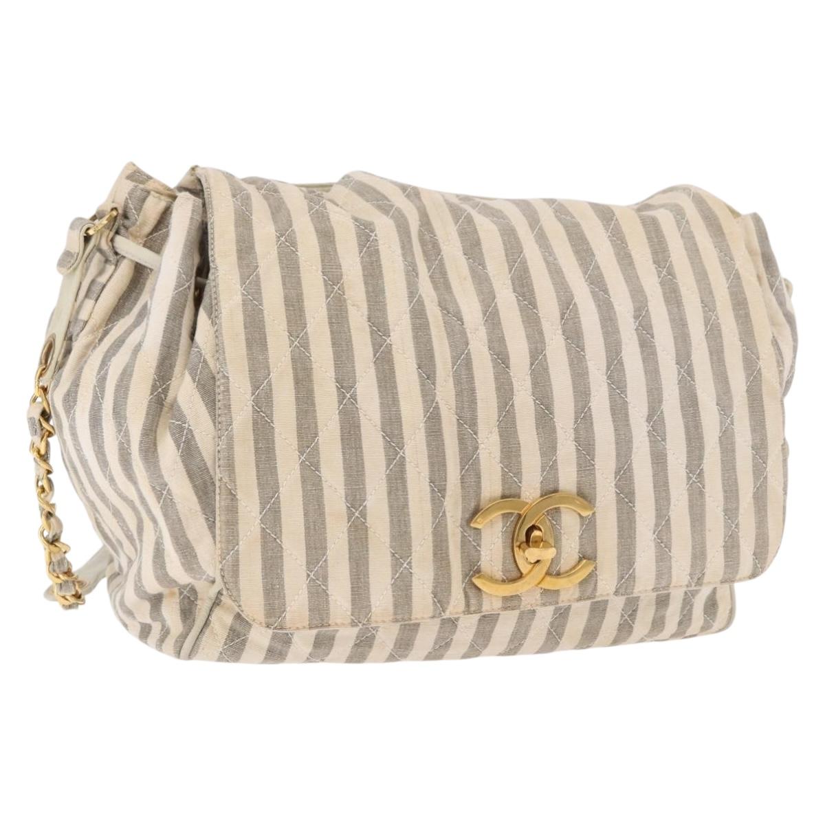 CHANEL Chain Matelasse Shoulder Bag Canvas Gray Gold CC Auth 182717