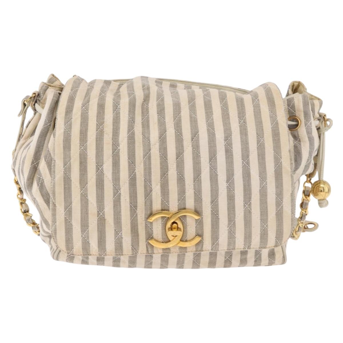 CHANEL Chain Matelasse Shoulder Bag Canvas Gray Gold CC Auth 182717