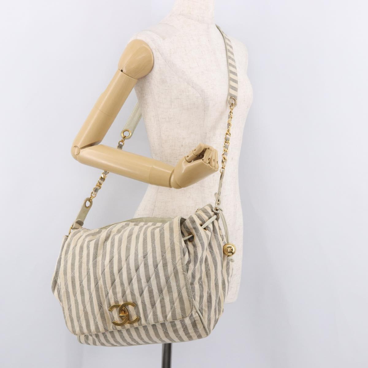CHANEL Chain Matelasse Shoulder Bag Canvas Gray Gold CC Auth 182717