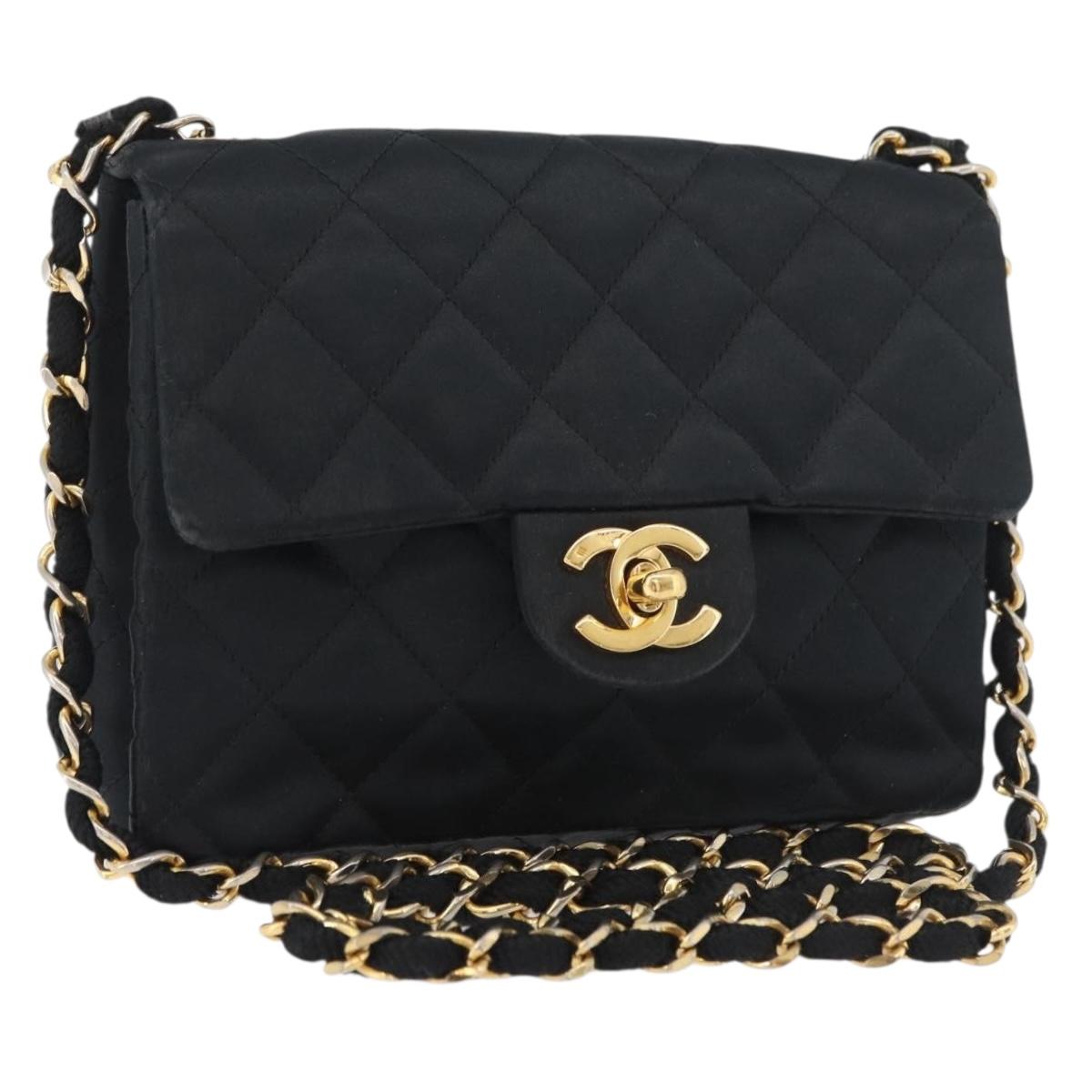 CHANEL Mini Matelasse 17 Chain Shoulder Bag Satin Black Gold CC Auth 182739SAV