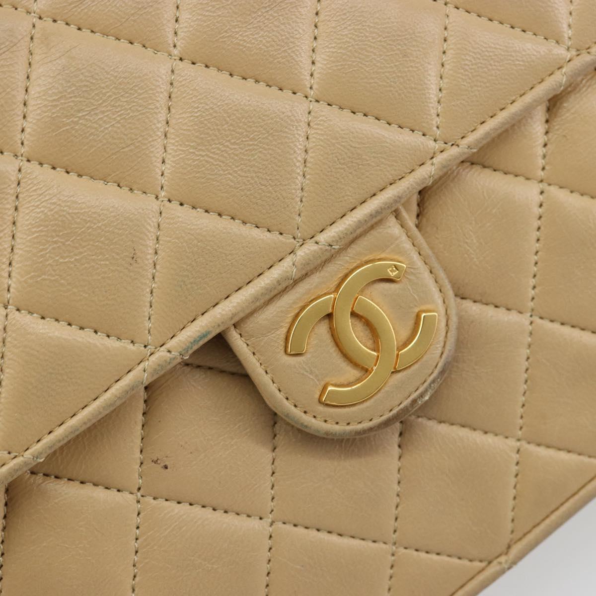 CHANEL Matelasse 25 Chain Shoulder Bag Lamb Skin Beige Gold CC Auth 182740