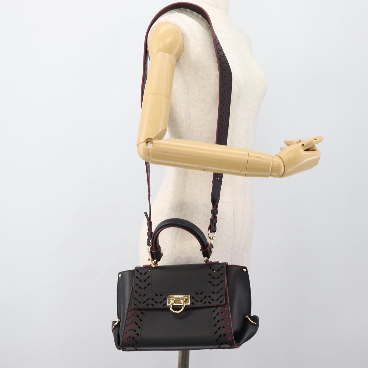 Salvatore Ferragamo Gancini Hand Bag Leather 2way Black Gold Auth 182777V
