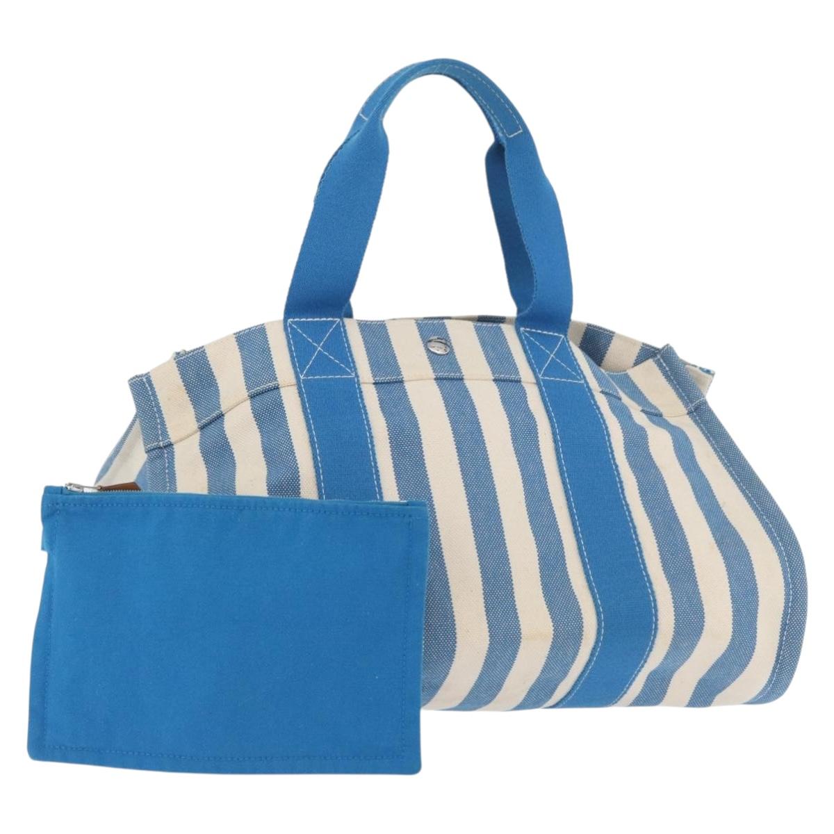 HERMES Cannes MM Hand Bag Canvas Blue Silver Auth 182782A